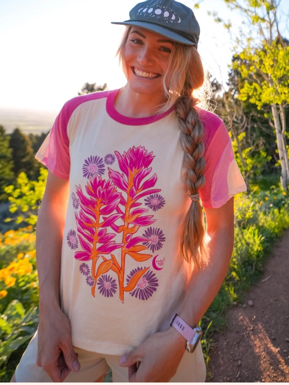 Women’s Short Sleeve Floral Tee - Pink Cream Raglan
